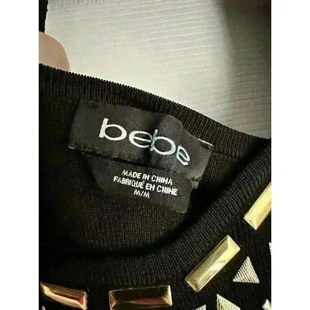 Bebe Black Body Con Dress Metallic Accents Choker Neck Size M - Picture 3 of 4